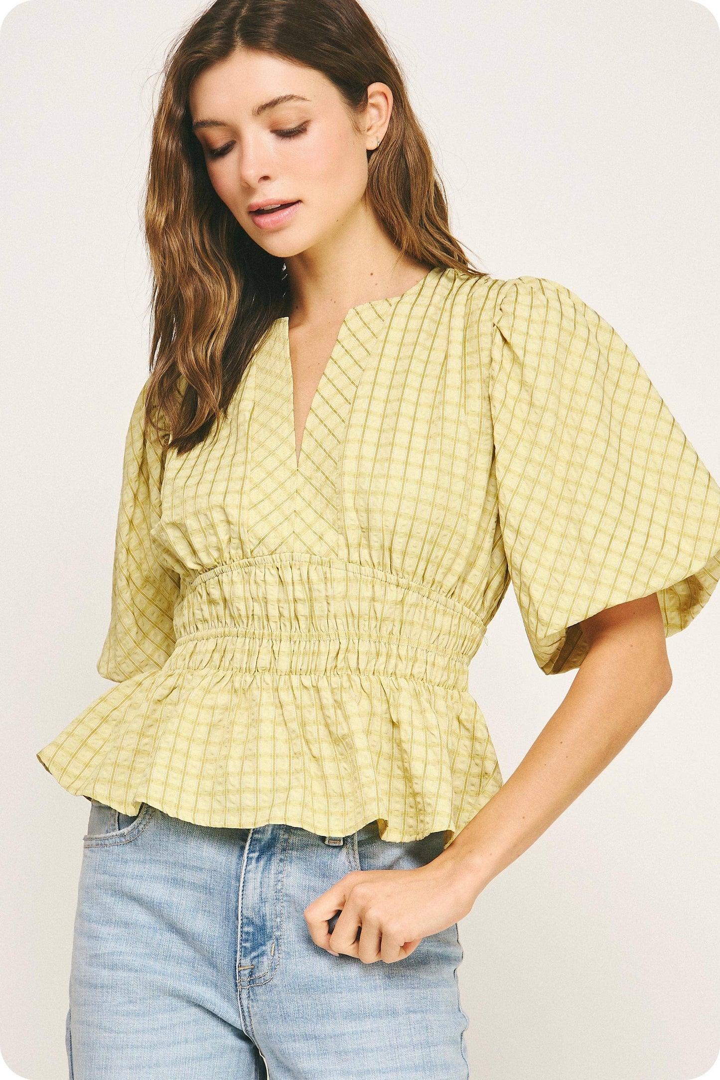 The Checkered Puff Sleeve Blouse / Chartreuse