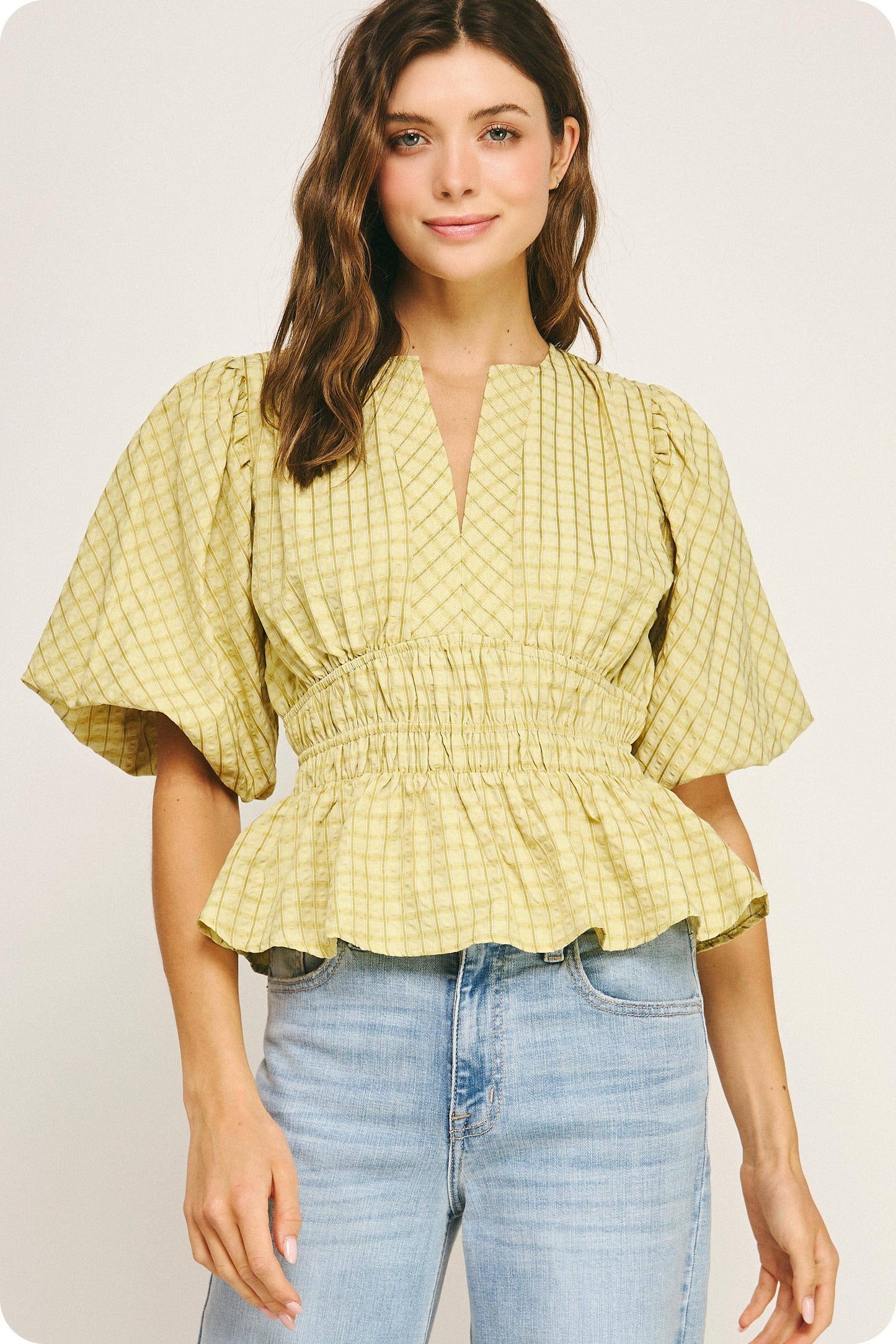 The Checkered Puff Sleeve Blouse / Chartreuse