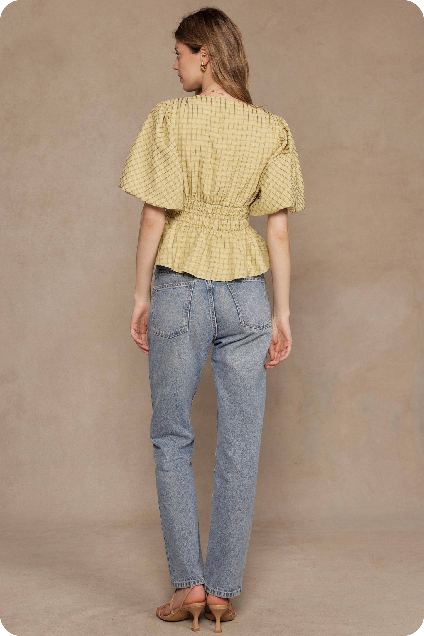 The Checkered Puff Sleeve Blouse / Chartreuse