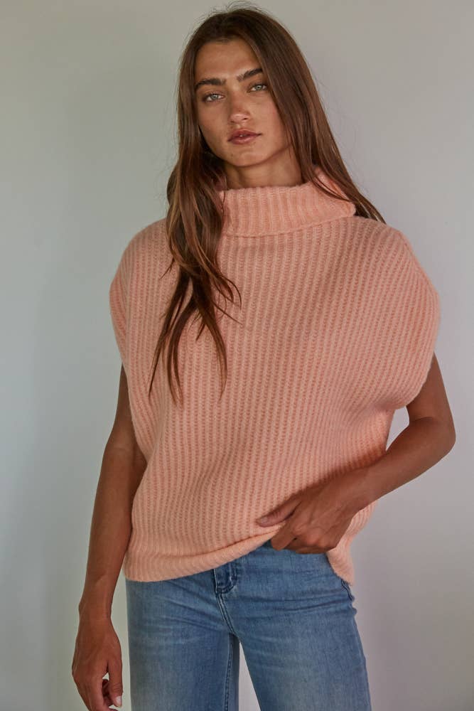 Knit Sweater Ribbed Turtleneck Vest / Peach