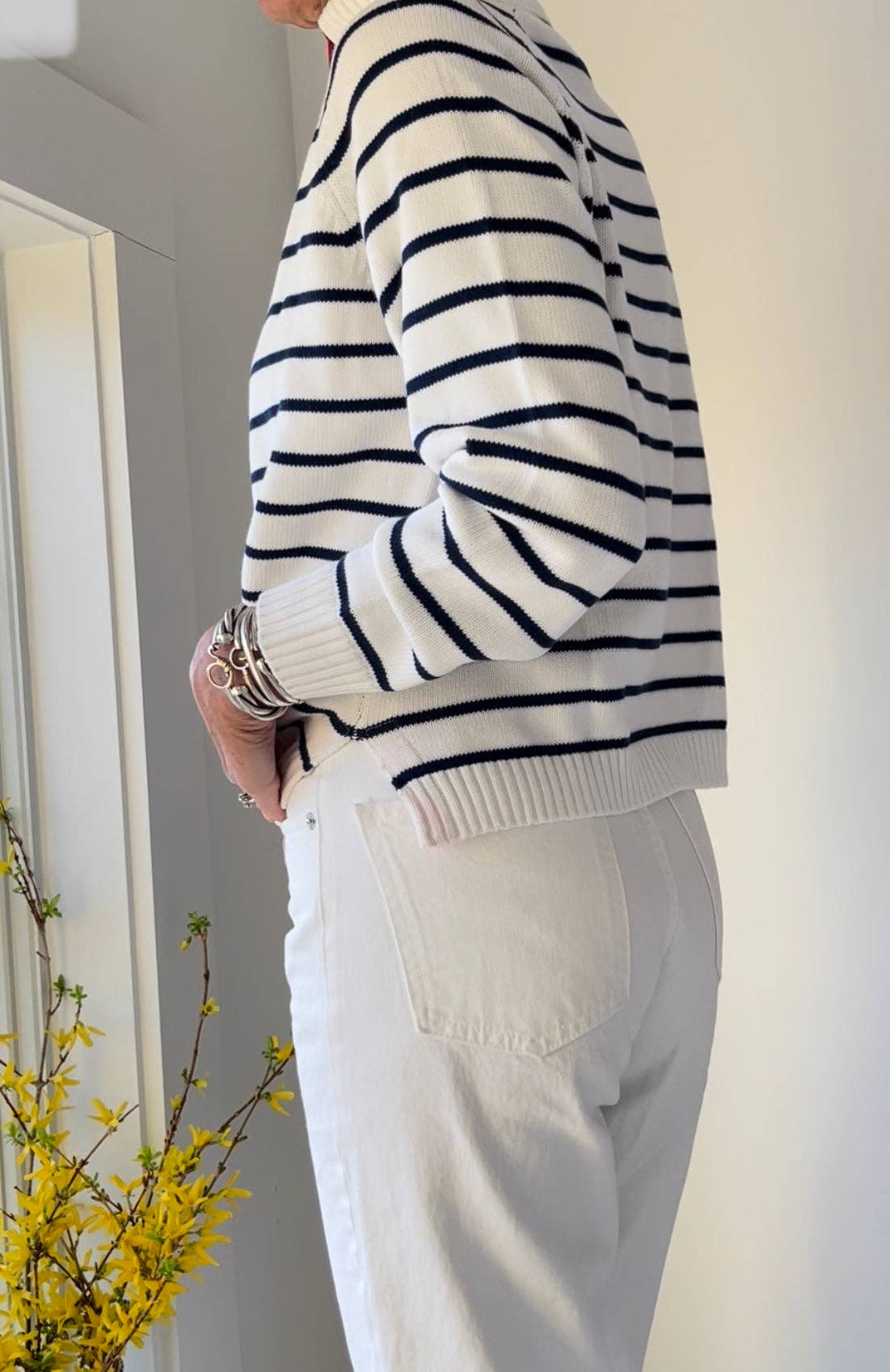 Sweaters / 1/2 Zip Striped Cotton Sweater / White/Navy