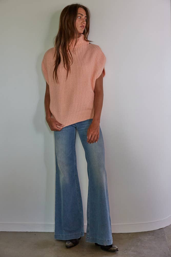 Knit Sweater Ribbed Turtleneck Vest / Peach
