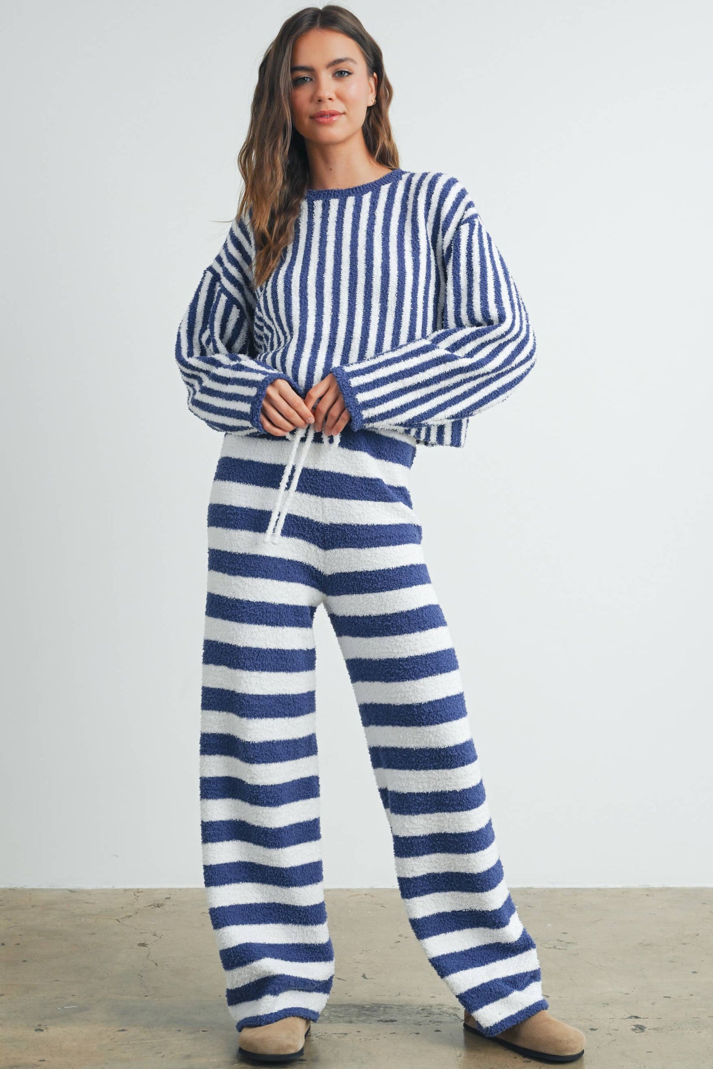Striped Plush Round Neck Sweater / Navy