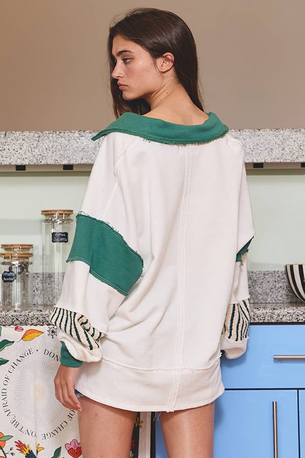 The French Terry Color-Block Top / Ivory / Green