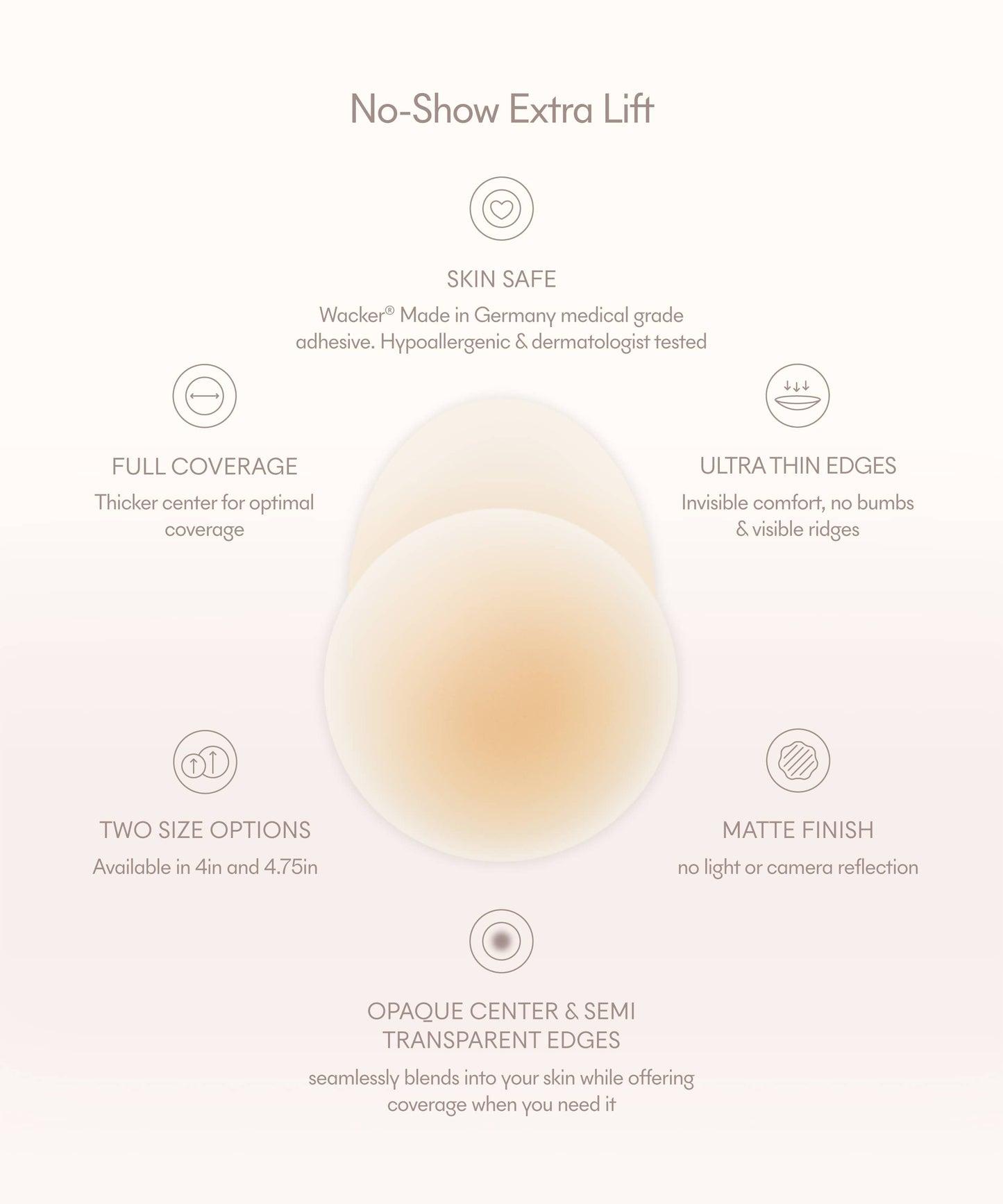 No-Show Extra Lift / Reusable Adhesive Lifting Nipple Covers / Soft Tan / 3.75in.