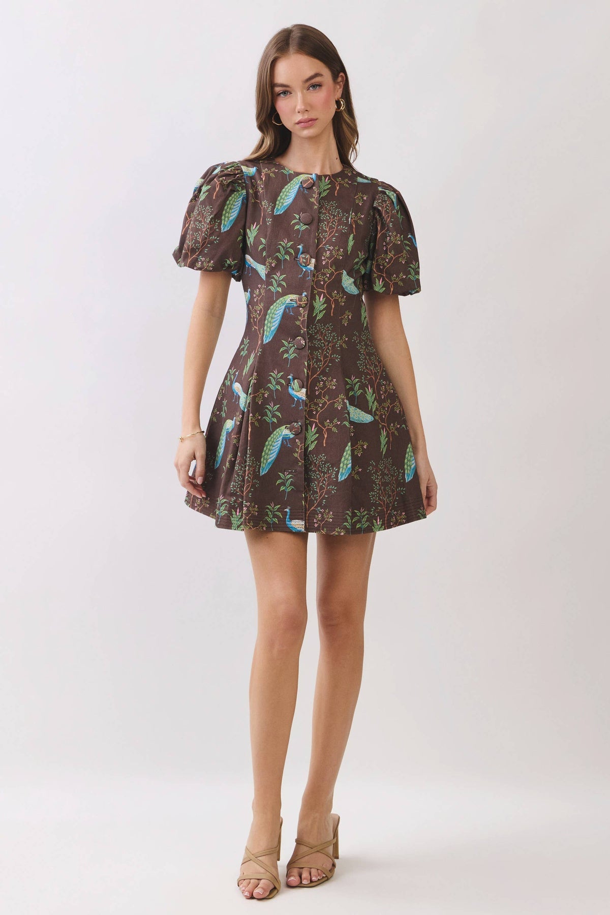 Dress / Peacock Print Puff Sleeve Button Down Mini / Chocolate