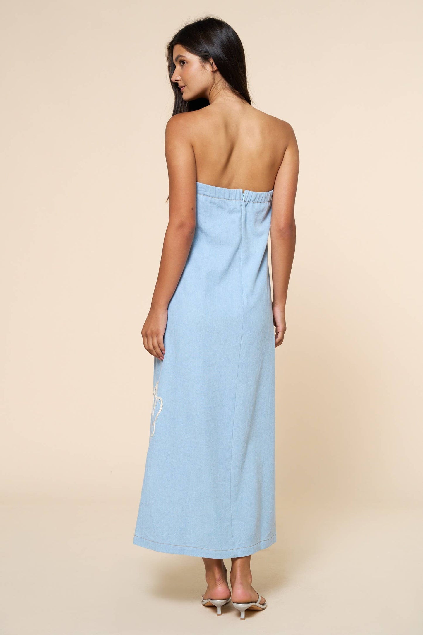 Dress / Seashell Embroidered Tube Maxi Dress / Light Denim