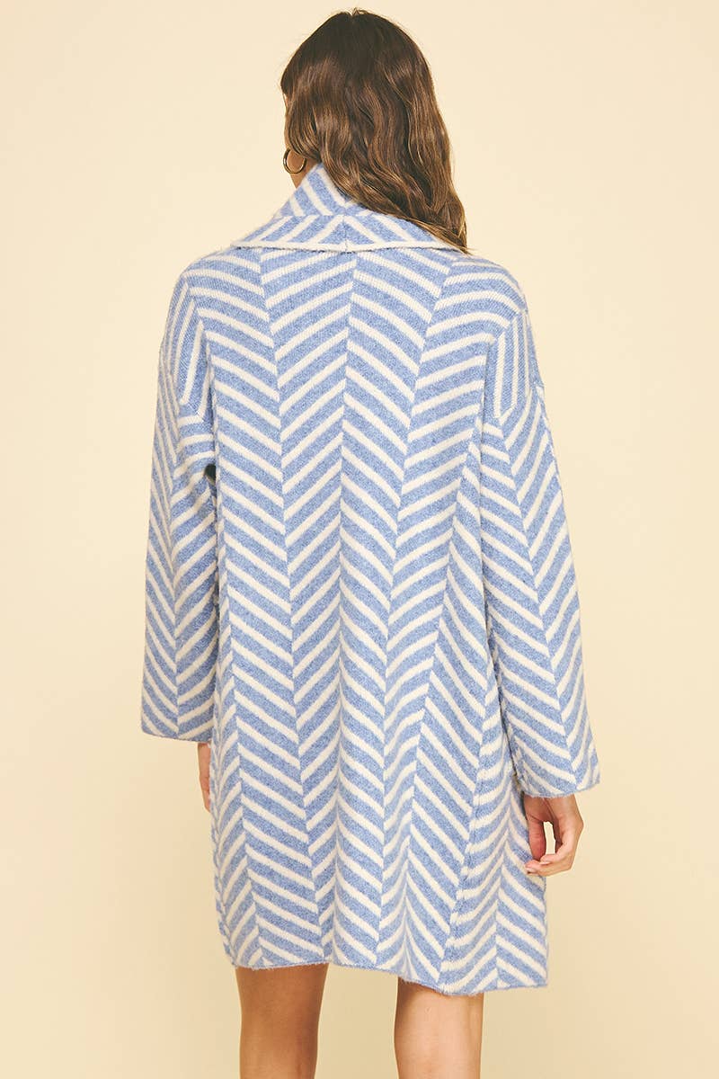 Shawl Collar Stripe Plush Cardigan / Blue/ Cream