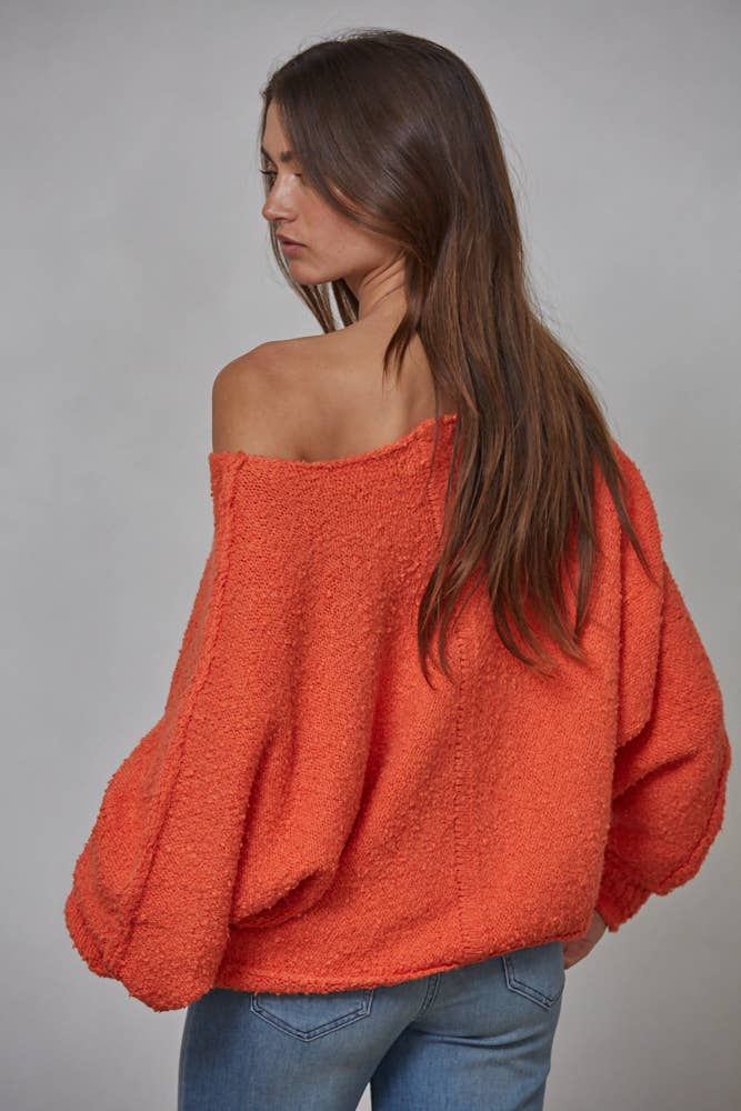 The Boat Neck Knit Pullover Sweater / Red Orange