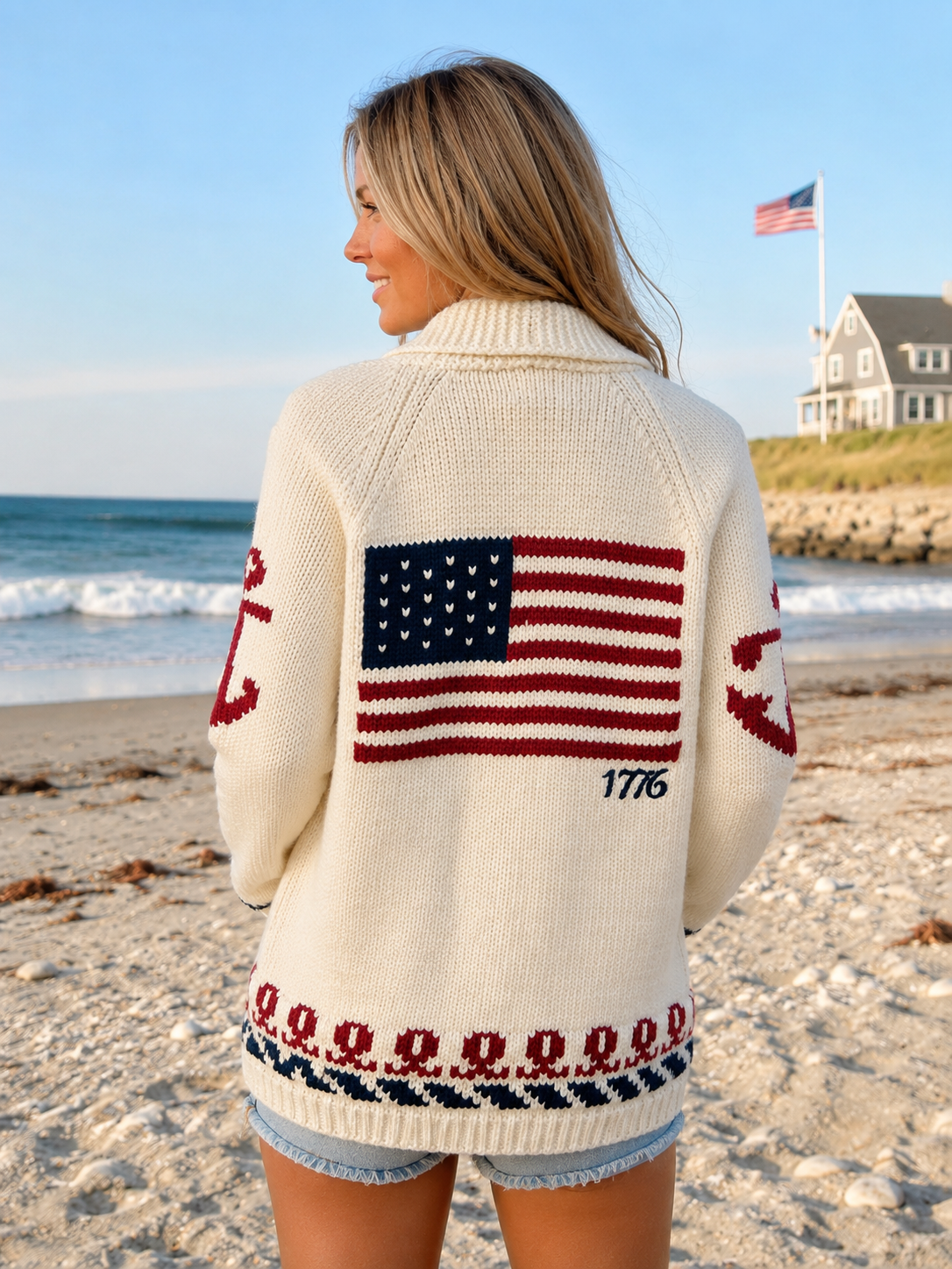 Sweater / Sailboat & 1776 Flag Varsity Cardigan