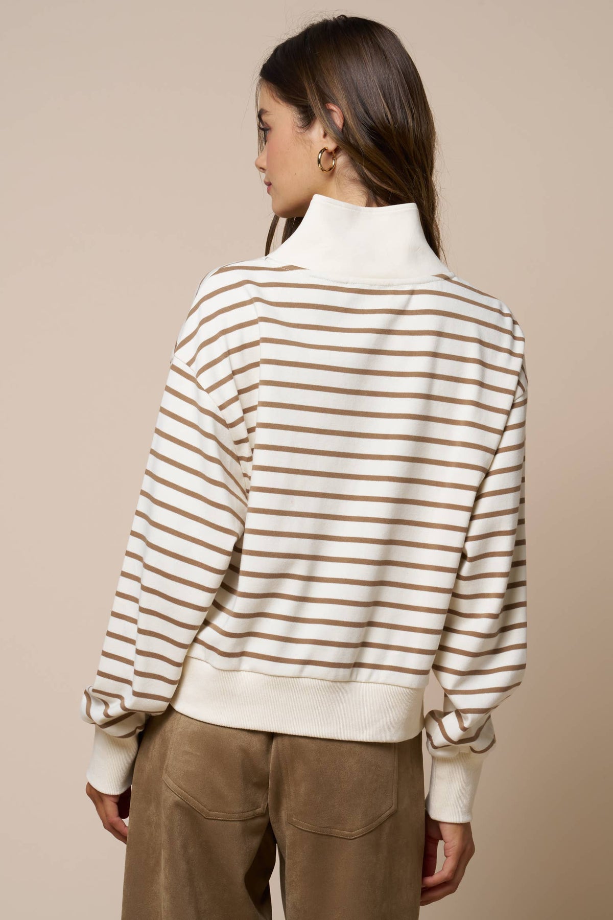 Tops / Quarter Zip Striped Pull Over / Taupe/Ivory