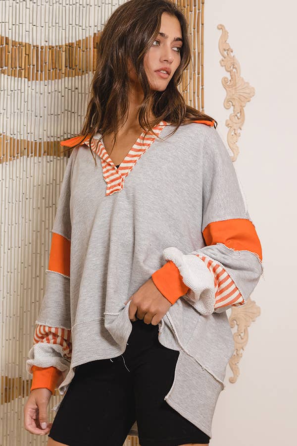 The French Terry Color-Block Loose Fit Top/ Grey / Orange