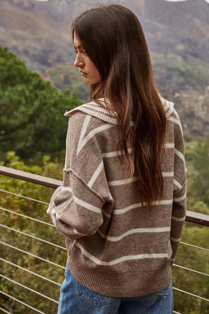 Knit Striped V-Neck Long Sleeve Sweater / Mocha Oatmeal