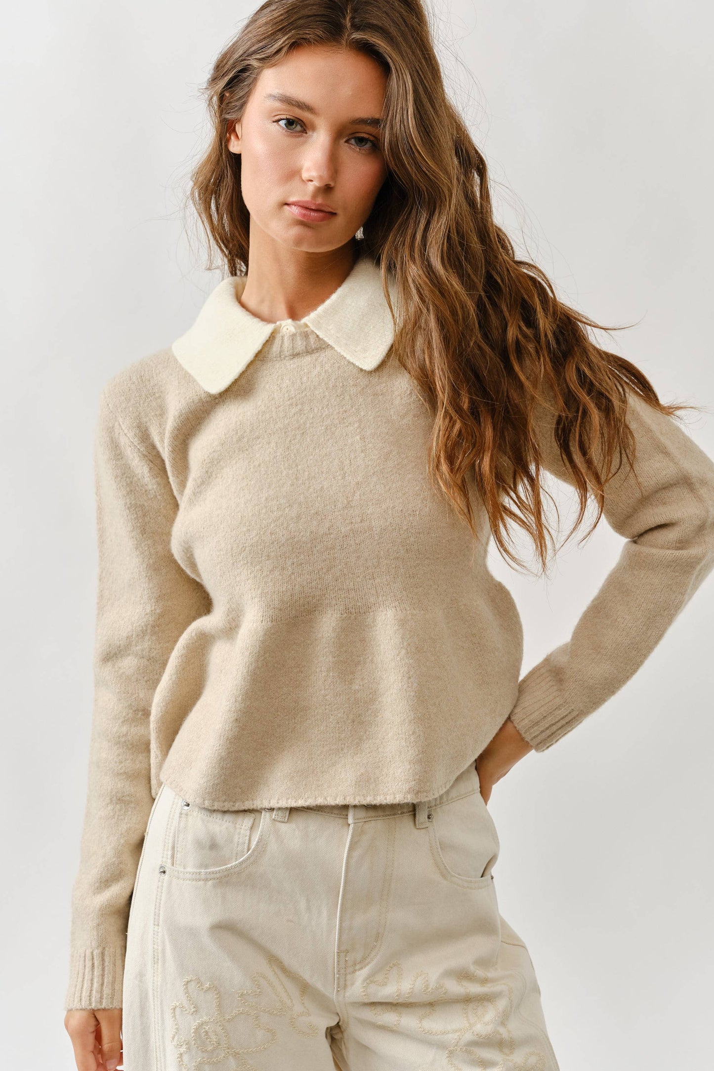 Peplum Collared Sweater / Tan