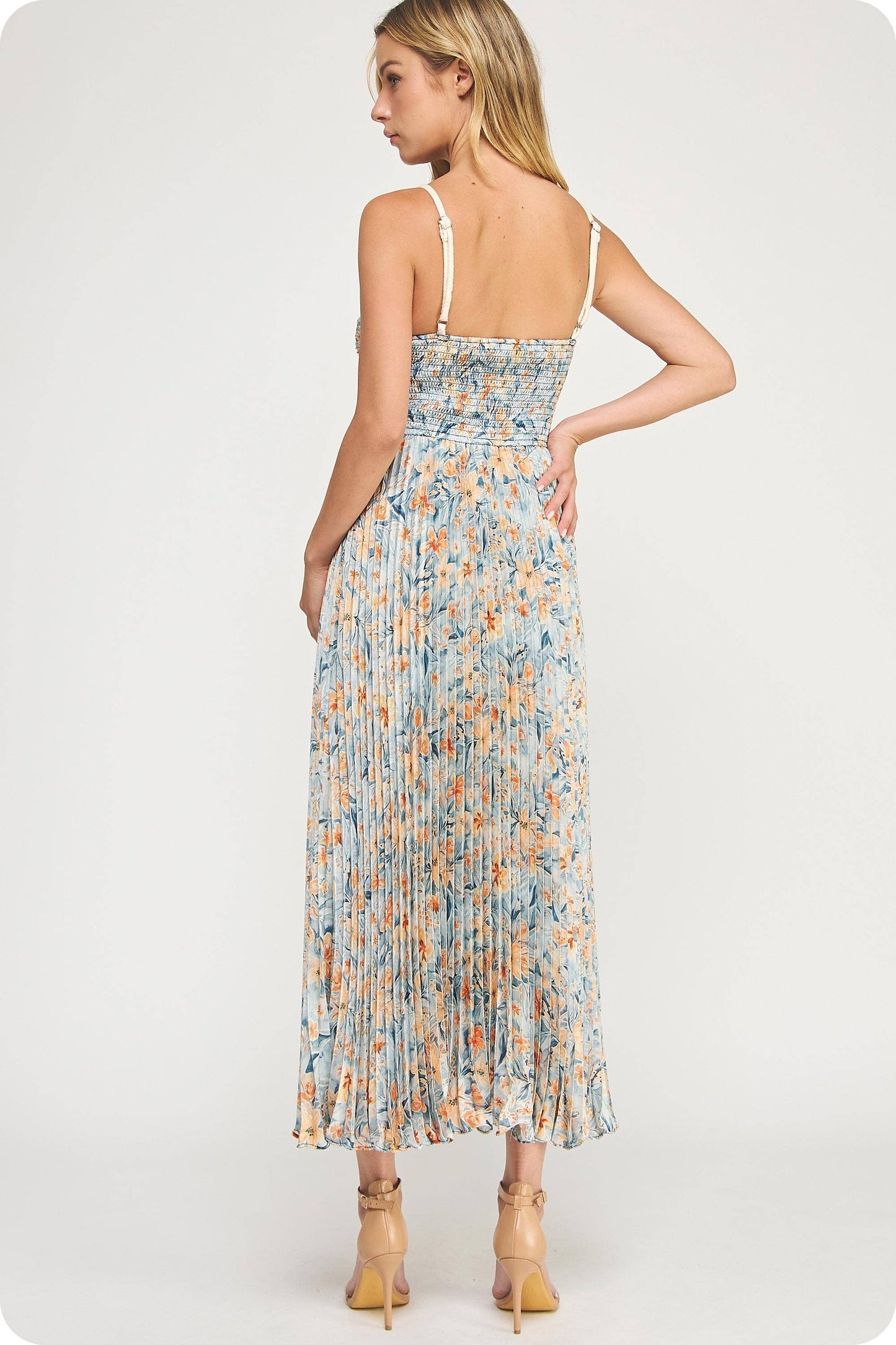 Floral Print Pleated Sweetheart Midi / Blue Multi