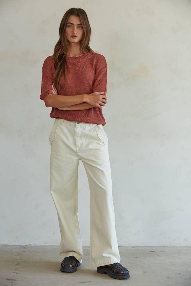 The Cotton Woven Denim Straight Leg Pants / Cream