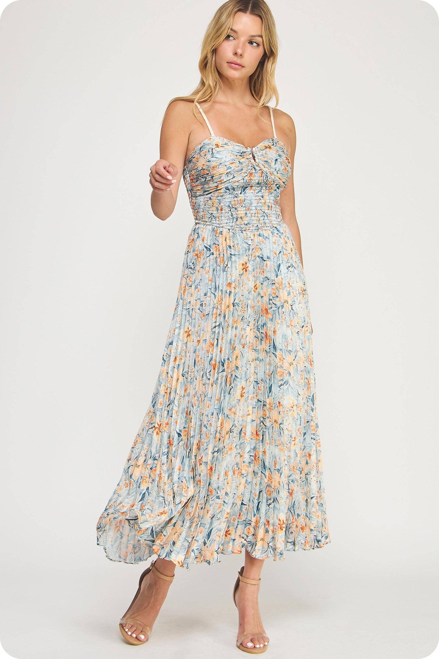 Floral Print Pleated Sweetheart Midi / Blue Multi