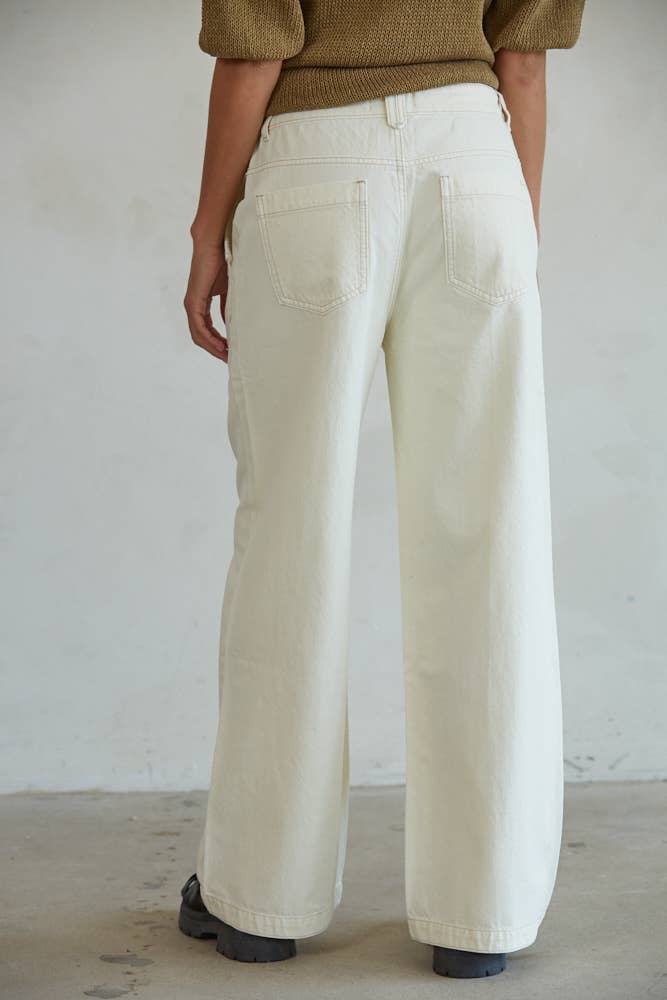 The Cotton Woven Denim Straight Leg Pants / Cream