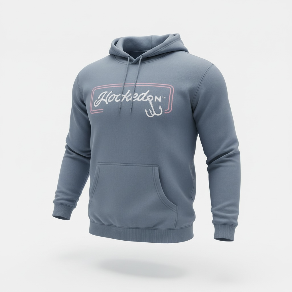 Hooked On Customizable Hoodie Ash Blue with Red / White Logo