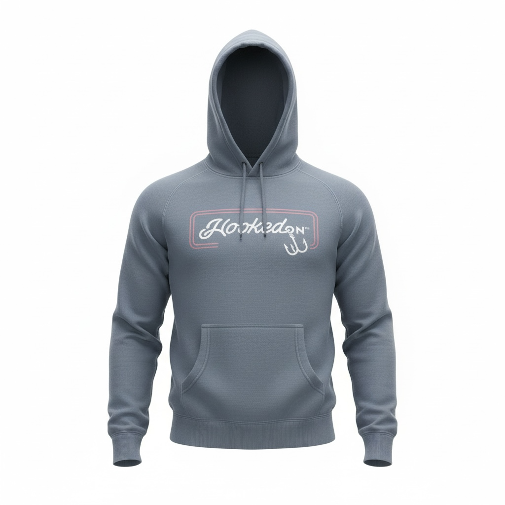 Hooked On Customizable Hoodie Ash Blue with Red / White Logo