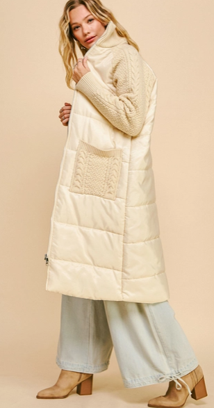 Knit Patchwork Pocket Quited Coat - Taupe