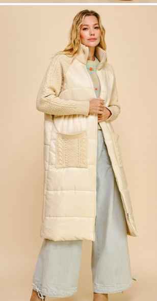 Knit Patchwork Pocket Quited Coat - Taupe