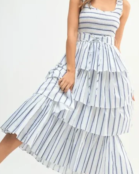 Smocked Top Pin Stripe Tiered Midi / Off White / Blue