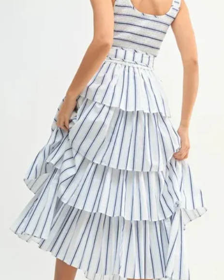 Smocked Top Pin Stripe Tiered Midi / Off White / Blue