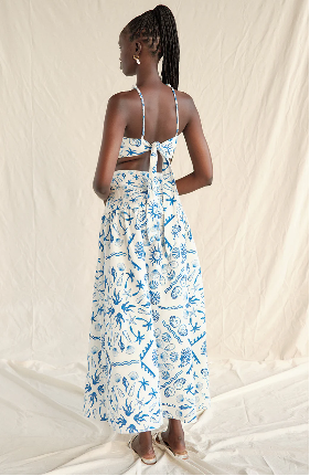 The Sable Shoreline Linen Midi Skirt Set / Blue / White