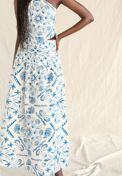 The Sable Shoreline Linen Midi Skirt Set / Blue / White