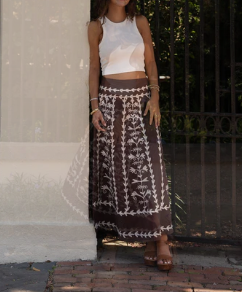 The Hanley Midi Skirt / Brown / Cream Embroidery