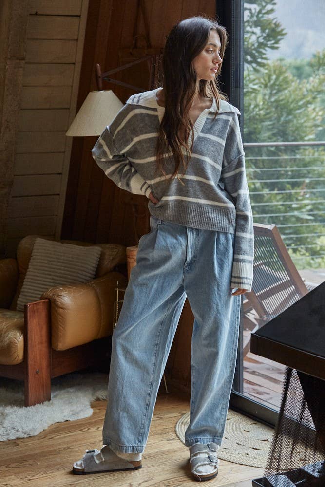 Knit Striped V-Neck Long Sleeve Sweater / Mocha Oatmeal