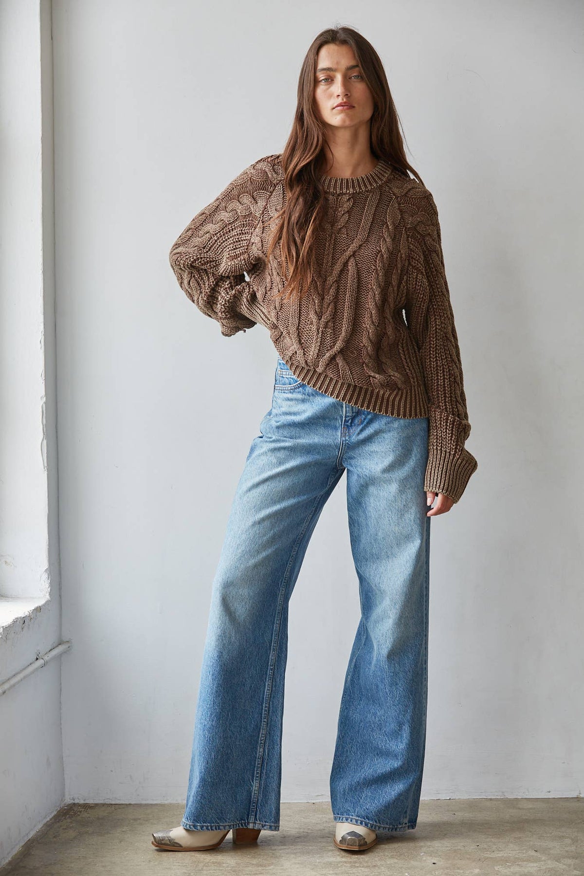Sweaters / Cotton Cable Crew / Washed Brown