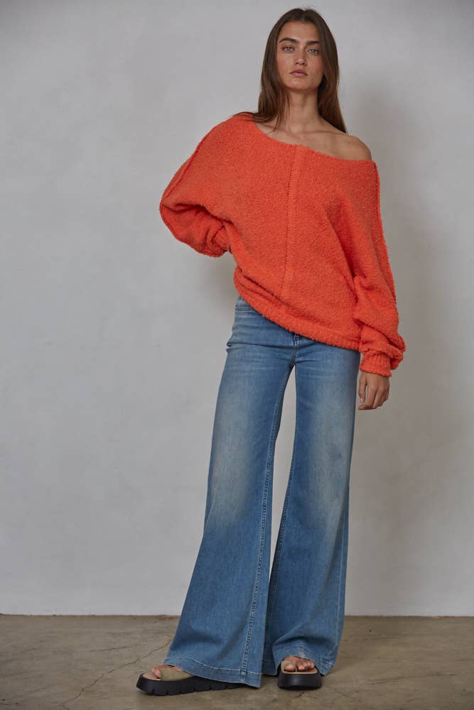 The Boat Neck Knit Pullover Sweater / Red Orange