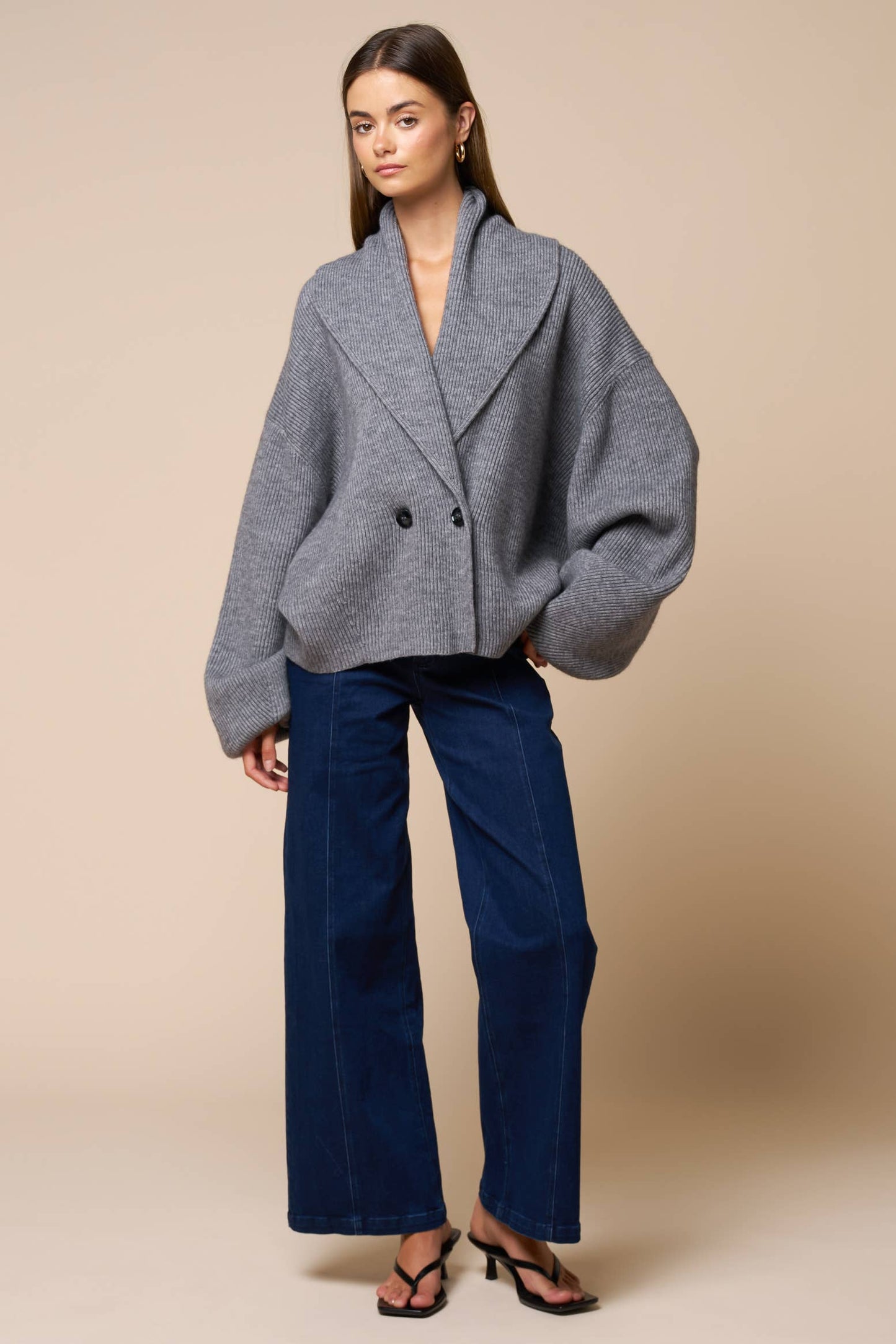 Sweaters / Shawl Collar Wrap Knit Cardigan / Grey