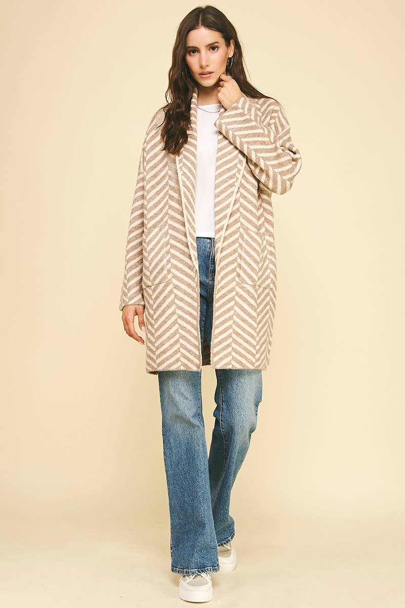Shawl Collar Stripe Plush Cardigan / Taupe / Cream