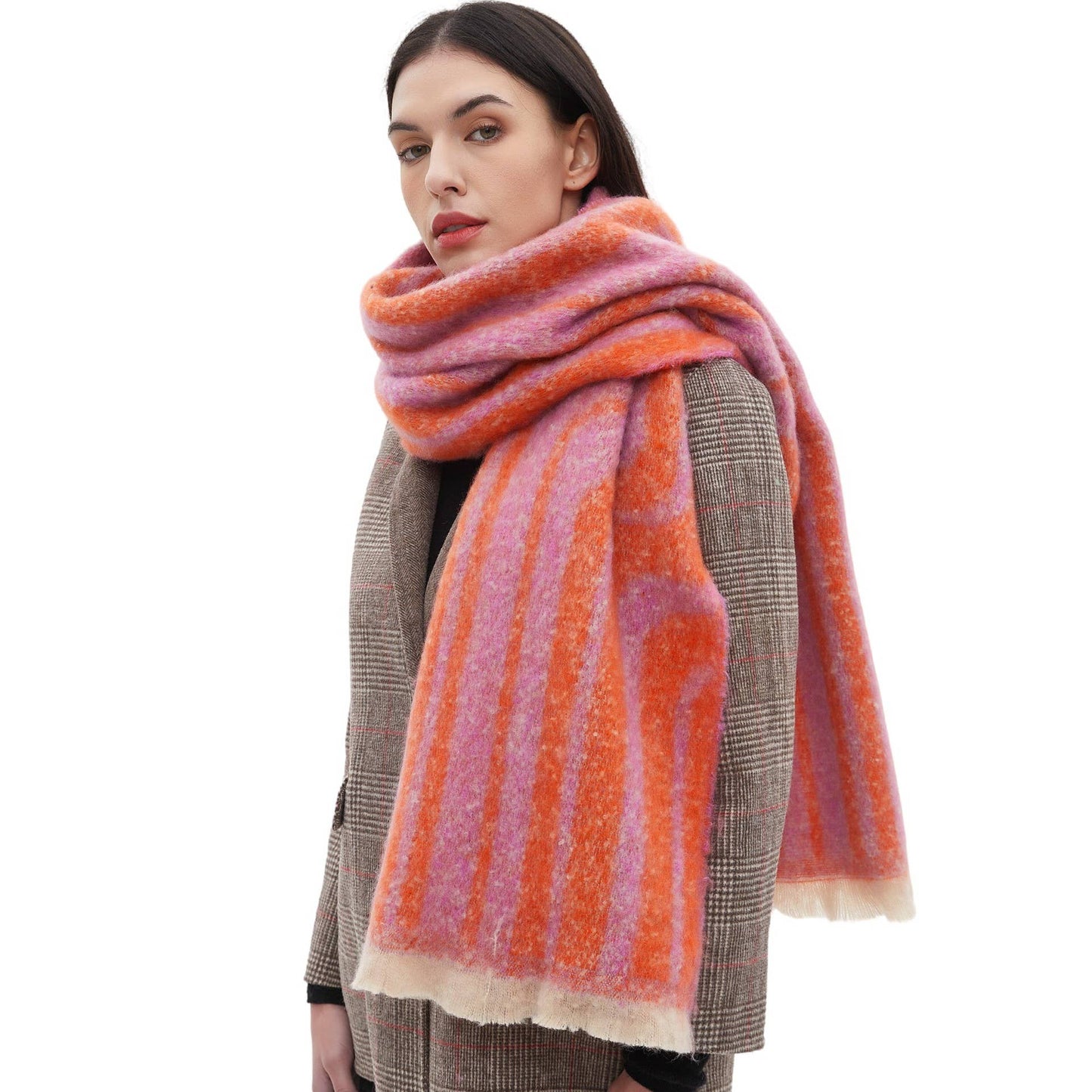 Soft Chunky Pink/Orange Geometric Lines Scarf