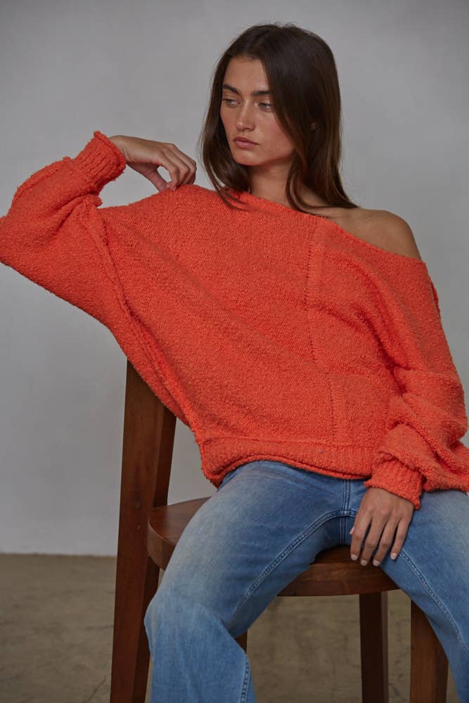 The Boat Neck Knit Pullover Sweater / Red Orange