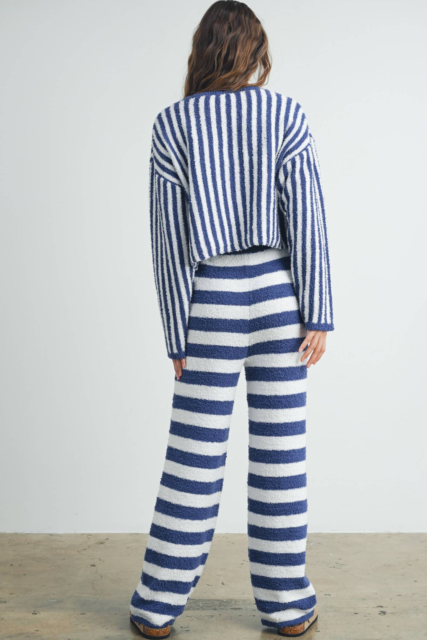 Striped Plush Round Neck Sweater / Navy