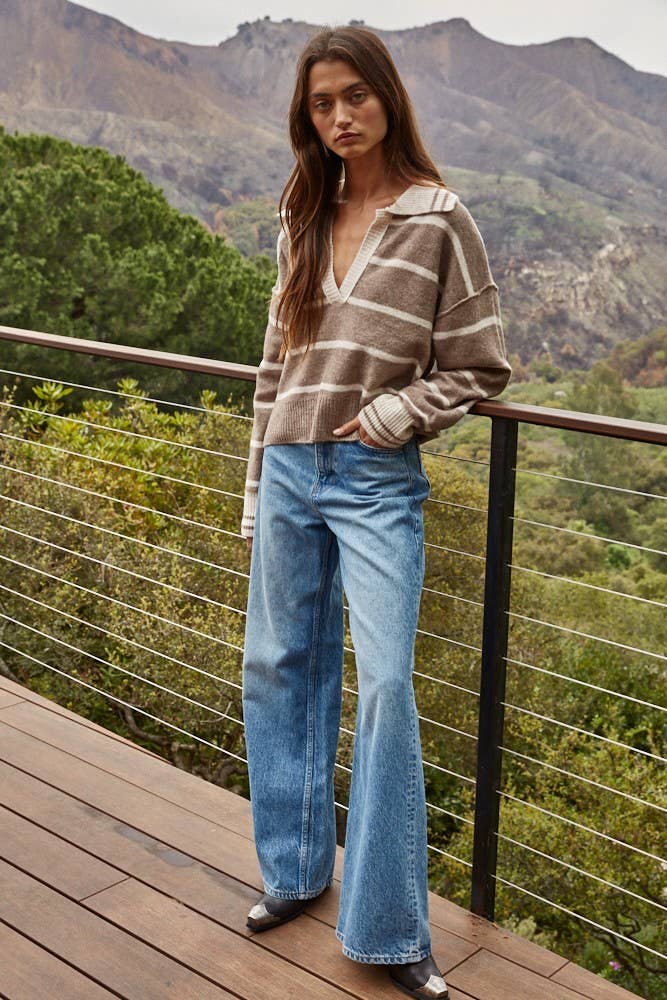 Knit Striped V-Neck Long Sleeve Sweater / Mocha Oatmeal