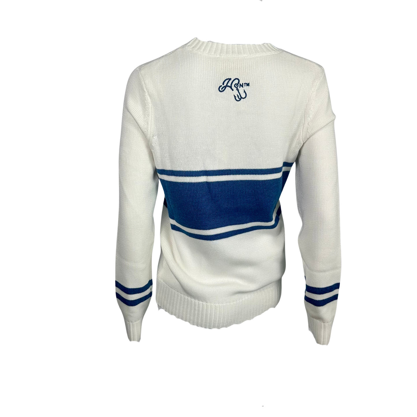 Hooked On x Ellsworth & Ivy OST Crew Neck White with Navy/Turquoise Sweater