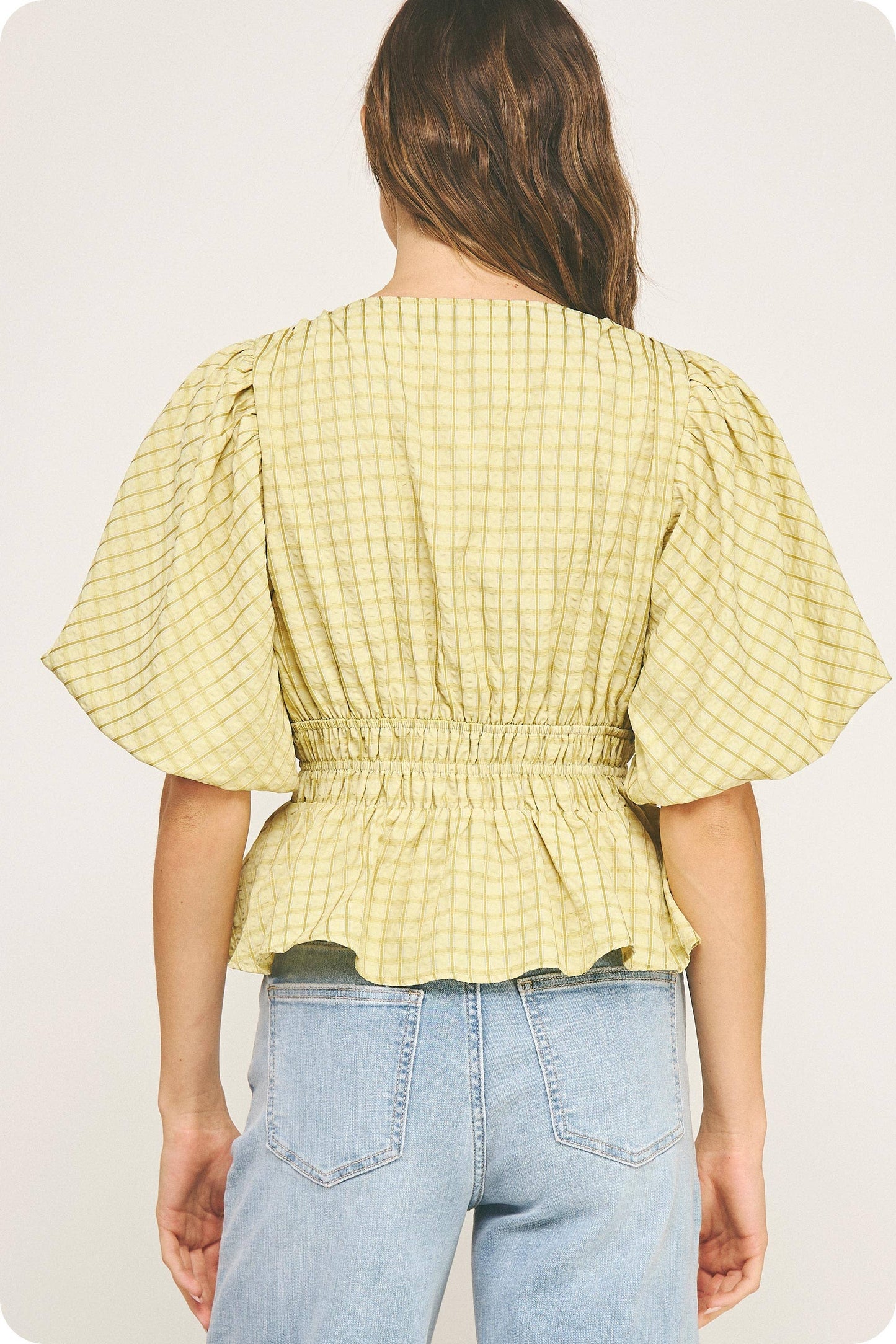 The Checkered Puff Sleeve Blouse / Chartreuse
