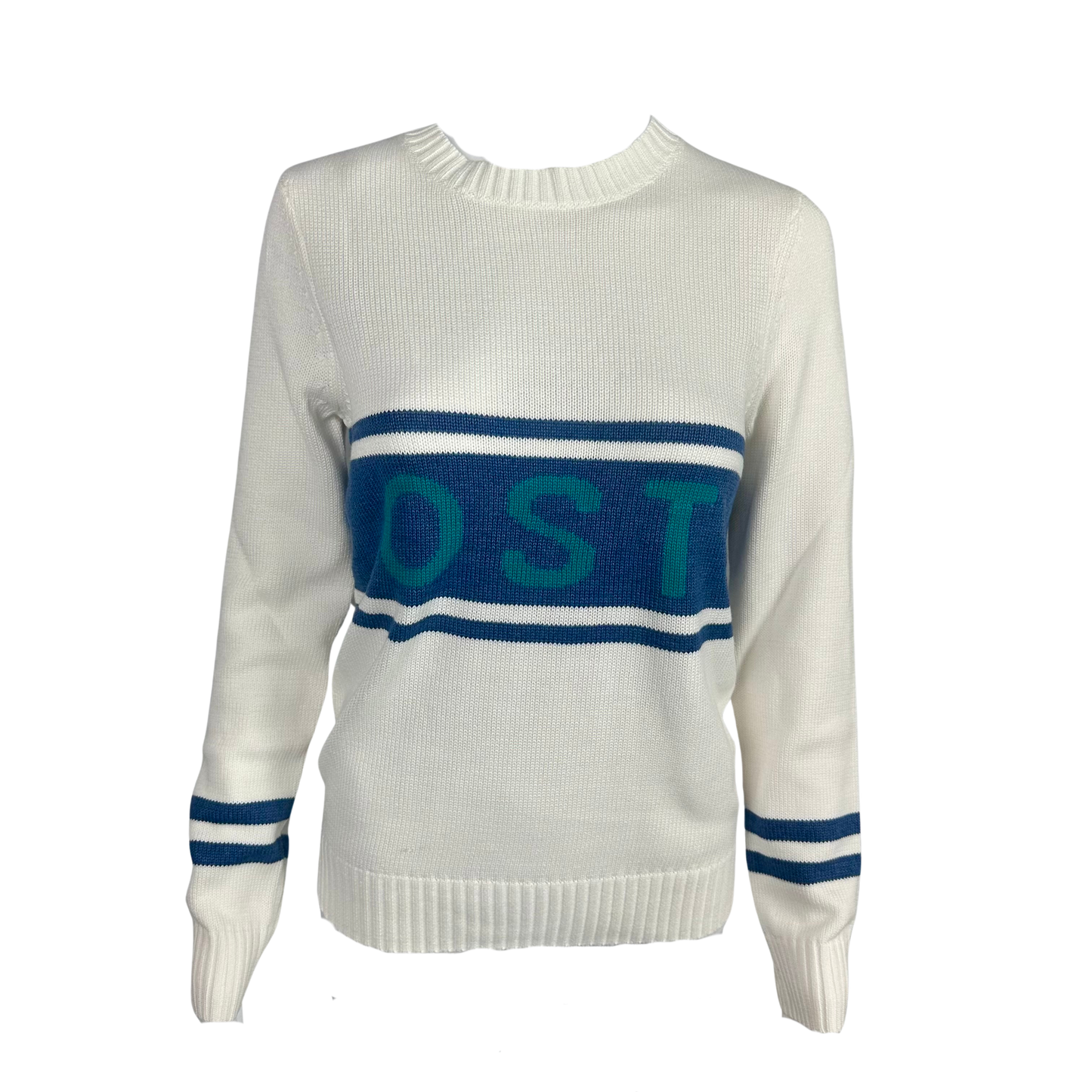 Hooked On x Ellsworth & Ivy OST Crew Neck White with Navy/Turquoise Sweater