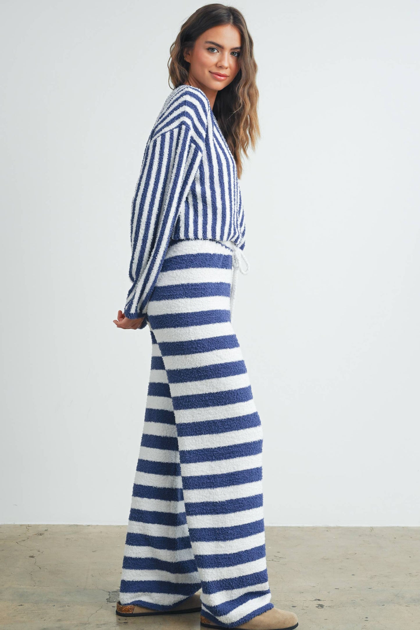 Striped Plush Drawstring Pants / Navy