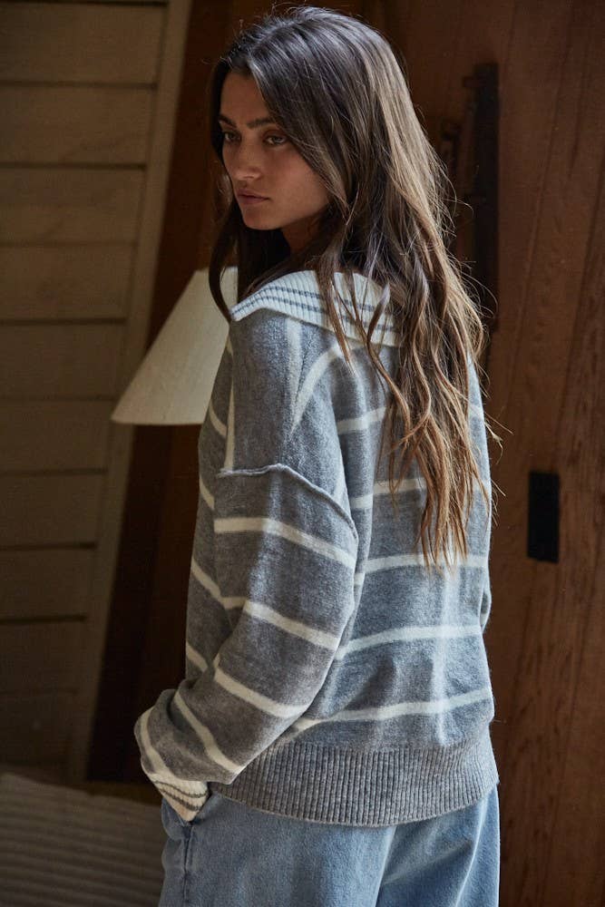 Knit Striped V-Neck Long Sleeve Sweater / Mocha Oatmeal
