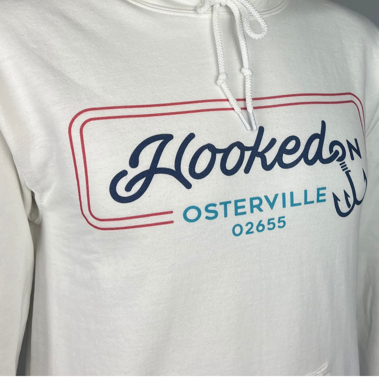Hooked On Osterville Hoodie White with Navy, Red & Turquoise