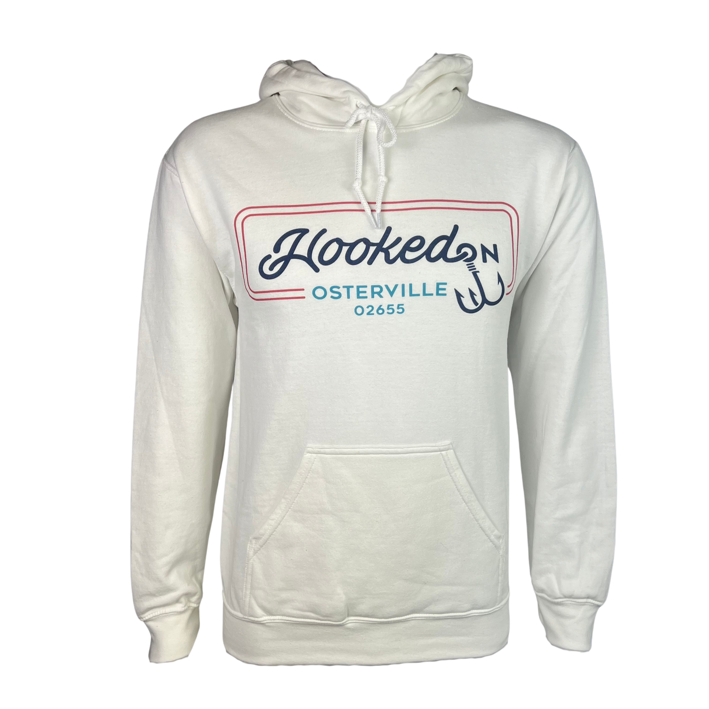 Hooked On Osterville Hoodie White with Navy, Red & Turquoise