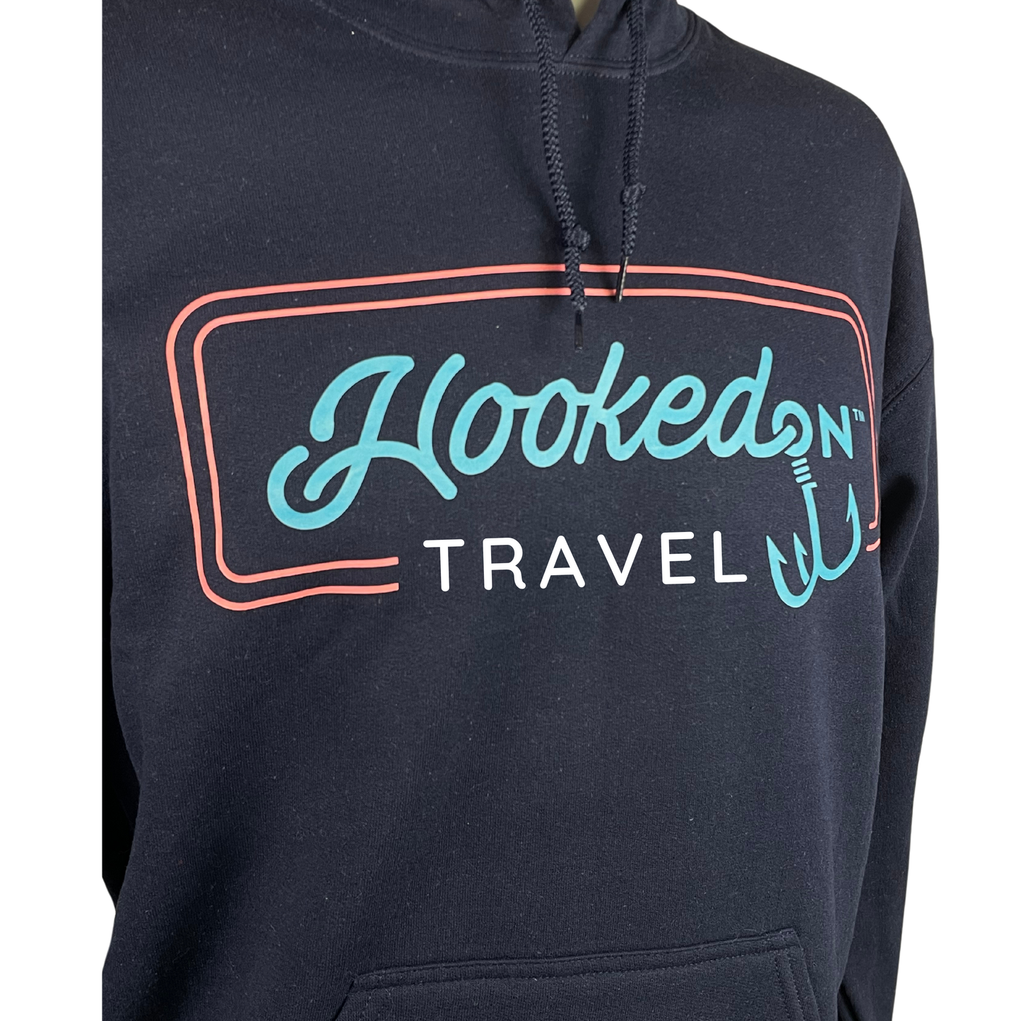 Hooked On Customizable Hoodie Navy with Turquoise/Red