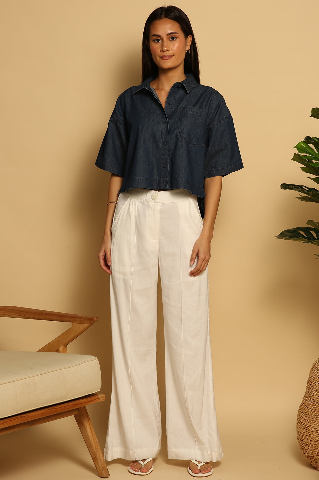 Casey Crop Button Up - Dark Denim