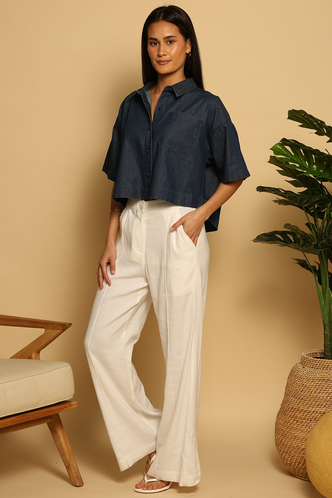 Casey Crop Button Up - Dark Denim